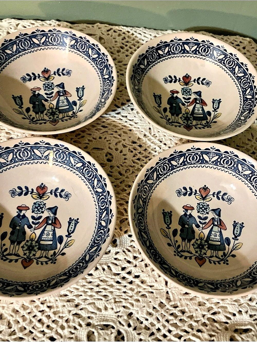 Johnson Bros Old Granite Hearts & Flowers Blue & Cream Set of 4 Plates